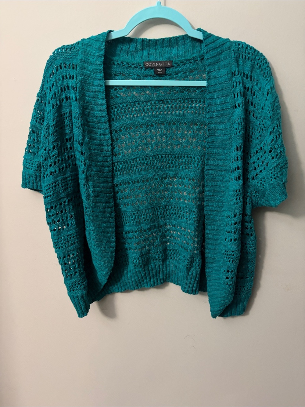 Covington Teal Open-Weave Short Sleeve Cardigan